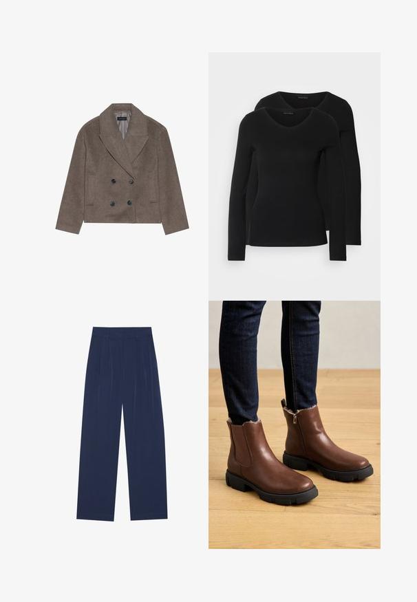 Casaco peacoat em mistura de lã castanha, com frente dupla-abotoada, grandes botões pretos, lapelas pontiagudas e bolsos laterais, concebido com um comprimento cropped.; Duas camisetas pretas de manga longa com design em V, feitas de um tecido macio e elástico, apresentando uma textura suave e um formato ajustado.; Calças largas azul-marinho feitas de um tecido suave, com plissados frontais, uma textura lisa e um corte recto sem bolsos visíveis.; Botas de tornozelo em couro castanho com fecho de zíper, superfície texturada, sola grossa em borracha preta e forro macio em pelagem na parte do tornozelo.