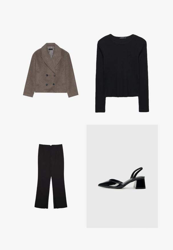 Ruskea villasekoitteinen Peacoat, jossa on tupla-kiristyksellä edessä, suuret mustat nappi, terävät läpät ja sivutaskut. Takki on suunniteltu lyhyeksi.; Musta pitkähihaisella puserolla, joka on valmistettu kuitupinnasta. Ominaisuuksiin kuuluu pyöreä kaula-aukko ja lyhennetty muotoilu, jossa on tiukat hihat. Ei näkyviä kuvioita.; Mustat housut suoralinjaisella leikkauksella, joissa on etutaskut ja sivurei'ät helman alla. Valmistettu pehmeästä ja sileästä kankaasta. Sopii eri tilaisuuksiin.; Mustat patentoitu nahkakengät, joissa on säären takaosa ja terävä kärki, sekä geometrinen palikkakorko. Sisältää tyylikkään, minimalistisen muotoilun ja sileän pinnan.