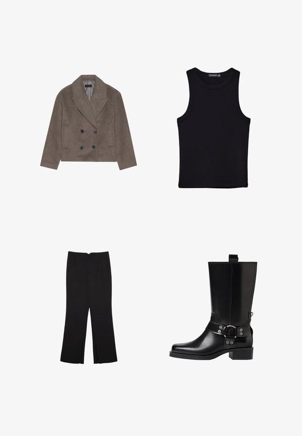 Hnědý vlněný péřový kabát s dvojitým zapínáním, velkými černými knoflíky, špičatými klopami a bočními kapsami, navržený v kratší délce.; Černý top na ramínka vyrobený z bavlny, s kulatým výstřihem a širokými průramky. Hladká textura s prošitými lemy. Klasický, minimalistický design.; Černé kalhoty s rovným střihem, s předními kapsami a bočními rozparky na lemu. Vyrobené z jemné, hladké tkaniny. Vhodné na různé příležitosti.; Černá kožená vysoká bunda s špičatou špičkou, stříbrnými sponami a robustní podešví. Obsahuje poutko pro snadné obutí.