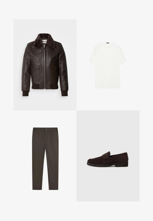 Hnědá kožená bombarďácká bunda s kožešinovým límcem, zipovým zapínáním a dvěma předními kapsami; žebrované manžety a lem dodávají texturovaný detail.; Bílý tričko s krátkým rukávem vyrobené z měkké tkaniny. Má klasický kulatý výstřih a rovný střih, bez viditelných vzorů nebo akcentů.; Tmavě hnědé kalhoty s přímým střihem nohavice, elastickým pasem, zapínáním na knoflík vpředu a bočními kapsami. Hladká textury látky.; Hnědé semišové mokasíny s nízkým profilem a kulatou špičkou. Mají dekorativní pásek přes horní část, plochou gumovou podrážku a žádné viditelné švy.