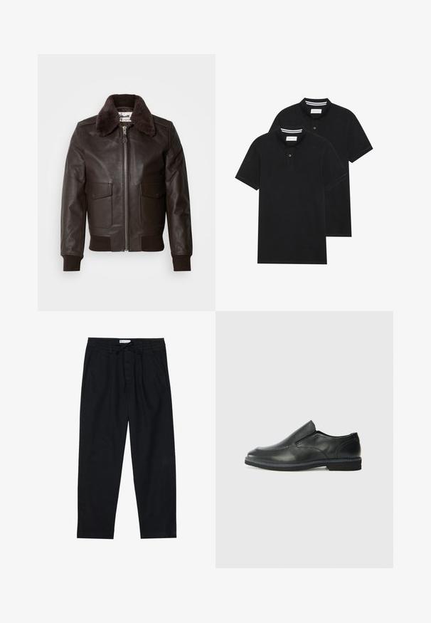 Giacca bomber in pelle marrone con collare in pelliccia, chiusura con zip e due tasche frontali; le maniche e l'orlo a coste aggiungono un tocco di texture.; Due magliette polo nere, con maniche corte, in cotone, con colletto classico, pattina a due bottoni e dettagli a righe bianche all'interno del colletto.; Pier One Chino - black; Scarpa nera in pelle con inserto scivolare, superiore liscio, dettagli cuciti, punta arrotondata e tacco in gomma basso. La suola presenta un battistrada minimale.
