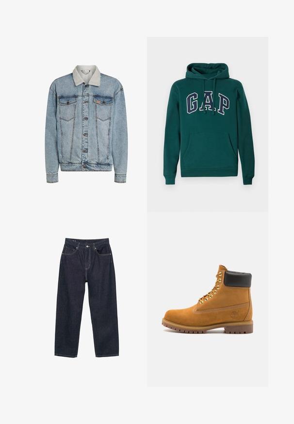 Svijetloplavi traper jakna s dugmadi sprijeda, dva džepa na prsima i bijelim sherpa ovratnikom.; Tamnozelena dukserica od mješavine pamuka, sa velikim "G.A.P." logotipom u bijeloj i mornarskoj plavoj boji, prednjim kengurujem džepom i kapuljačom sa vezicom.; Tamno plave traperice s rastezljivim krojem, s pet džepova, kontrastnim žutim šavovima i kopčanjem na dugme sprijeda.; Antracitne antilop čizme do gležnjeva s crnim podstavljenim ovratnikom, zlatnim metalnim rupicama, bijelim šavovima i robusnom gumenom potplatom s izraženim šarama.