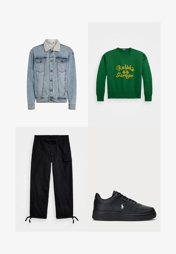 Helehall denim jakker, millega on nupud ees, kaks rinna taskut ja valge sherpa krae.; Roheline sviiter ümarate kaelustega, millel on kollase värviga tikitud tekst "Ralph’s Garage" ja ruudulippude detailid. Puuvilla ja sünteetika segu materjal.; Mustad mustapüksid elastse vöökoha ja nööriga. Omavad külgtaskuid ja reguleeritavaid varrukaotsi tõmblukkudega. Valmistatud kergest kangast.; Mustad nahast tossud, millel on auguline disain, lame sidumispael ja küljes valge brodeeritud logo. Paks must kummist tald.