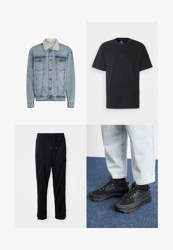 Helehall denim jakker, millega on nupud ees, kaks rinna taskut ja valge sherpa krae.; Nike musta mustast puuvillast T-särk klassikalise ümmarguse kaelusega, lühikeste varrukatega ja õrna, reljeefse logoga rinnal. Sile tekstuur.; Mustad nööridega vööga igapäevased mustad püksid, külgseamipocketid ja sirge sääre lõikega, ühtlasel taustal.; Mustad mustad jooksukingad, millel on tekstureeritud kangas ja kummist tallad, elastsed nöörid ning sinine aksent kandadel. Kandmine heledate teksadega.