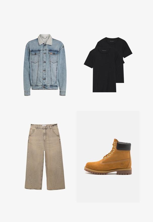 Vaaleansininen farkkutakki napituksella edessä, joissa on kaksi rintataskua ja valkoinen sherpa-kaulus.; Kaksi mustaa puuvillapaitaa lyhyillä hihoilla, pyöreällä kauluksella ja sileällä pinnalla, esillä päällekkäin.; PULL&BEAR MEGA BAGGY - Baggy-farkut - light grey; Valkoinen nahkainen nilkkuri mustalla pehmustetulla kauluksella, kultaisilla metallisilla rei'illä, valkoisella ompeluksella ja jykevällä kumipohjalla, jossa on selvästi näkyvät urat.