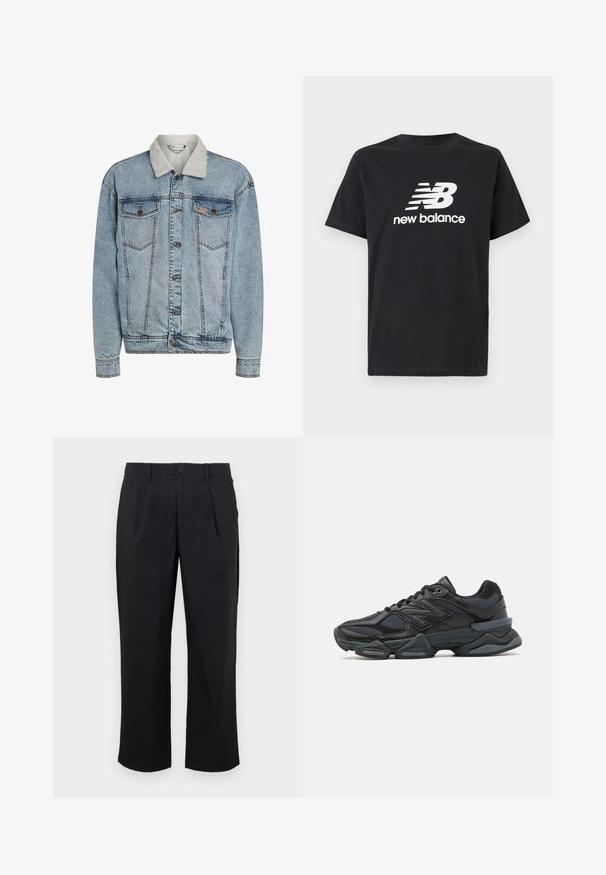 Lys blå denimjakke med knapper foran, to brystlommer og en hvit sherpa-krage.; Svart bomulls T-skjorte med hvit New Balance-logo og grafisk design på forsiden. Korte ermer og rund hals.; Sorte bukser med rett passform, med folder foran, knappelukking og glatt tekstur.; Svart løpesko med en blanding av mesh og syntetiske materialer, chunky såle, buet design og fremtredende merkevare på siden.