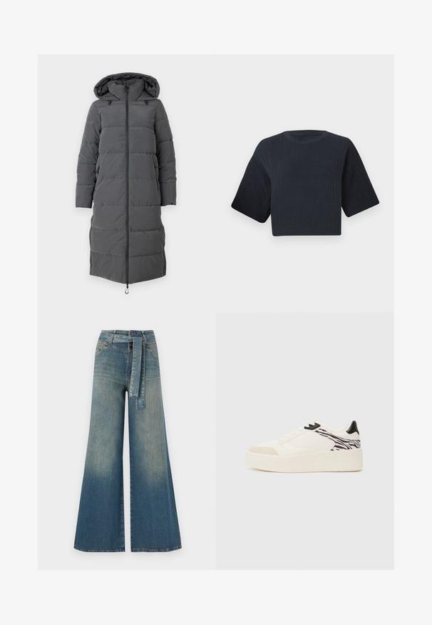 Pehmea halli välikate, millel on kapuuts, pikad varrukad, eesne lukuga ja külje taskud, omades tikandit ja siledat tekstuuri.; Tume mere värvitud lühike kudumipee, millel on soonikkoes tekstuur, lühikesed laiad varrukad ja ümmargune kaelus. Lihtne disain, nähtavaid mustreid ega aktsente pole.; Laiad denimpüksid, millel on hele tume sinine gradiendiefekt, kõrge vöökoht, vöökumlid ja sobivast kangast vöö. Struktureeritud denimi viimistlus.; Even&Odd Tossud - white/black