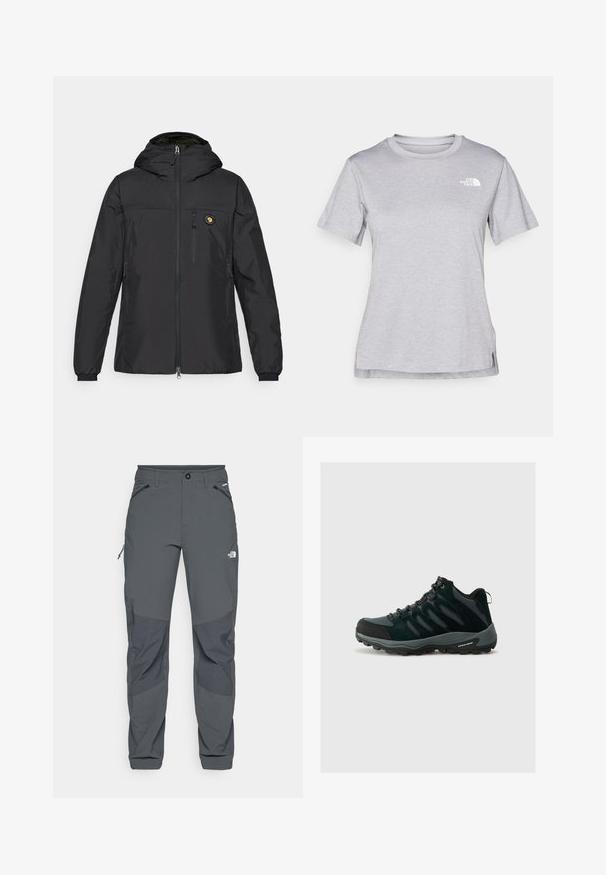 Fekete, könnyű dzseki kapucnival, cipzáras elülső résszel, oldalsó zsebekkel, rugalmas mandzsettákkal és logóval a mellen, sima anyagból készült.; Szürke, rövid ujjú póló, puha, nedvességet elvezető anyagból készült. Kerek nyakú, és egy kis fehér logó található a bal felső részen.; Sötétszürke kültéri nadrág megerősített térdrésszel, cipzáras oldalsó és elülső zsebekkel, gombos záródással és A North Face logóval a combján.; Columbia REDMOND - Túracipők - black/citron haze