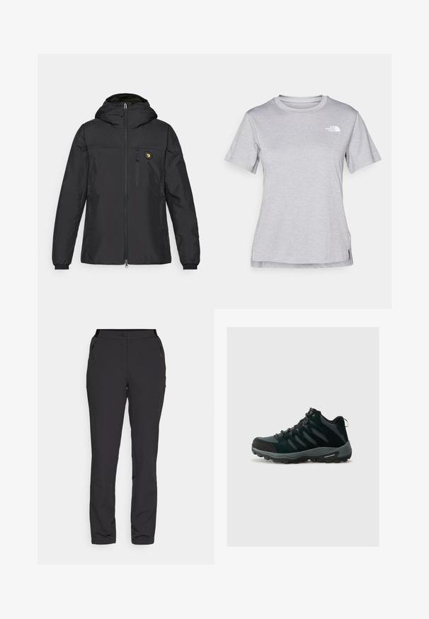 Čierna ľahká bunda s kapucňou, predným zipsom, bočnými vreckami, elastickými manžetami a nášivkou loga na hrudi, vyrobená z hladkého materiálu.; Sivý tričko s krátkym rukávom vyrobené z jemného, vlhkosť odvádzajúceho materiálu. Obsahuje okrúhly výstrih a malé biele logo na hornej ľavej strane.; Čierne vonkajšie nohavice, vyrobené z ľahkého materiálu, majú rovný strih, bočné vrecká na zips a nastaviteľný pás.; Columbia REDMOND - Turistické topánky - black/citron haze