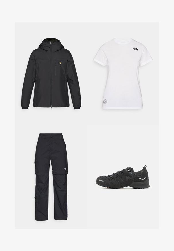 Crna lagana jakna s kapuljačom, zakopčavanjem sprijeda, bočnim džepovima, elastičnim manžetama i logom na prsima, izrađena od glatkog materijala.; Bijela pamučna majica s crnim logotipom na lijevoj strani prsnog koša i sivoj grafici na donjem desnom dijelu. Klasični okrugli izrez i kratki rukavi.; Crne najlon hlače s munjevim zatvaranjem, odvojive cargo hlače s podesivim manžetama, brojnim džepovima i logom na desnoj nozi. Glatka, lagana tekstura.; Crne planinarske cipele s gornjim dijelom od teksturirane tkanine, sistemom vezivanja i čvrstim gumenim potplatom. Osvijetljene reflektirajućim detaljima i logotipima.