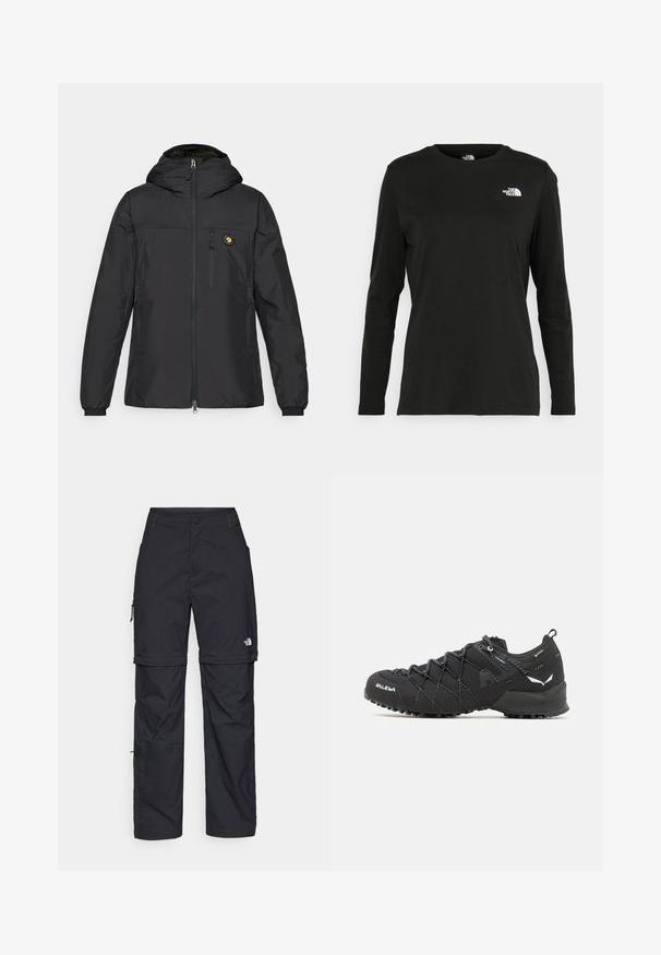 Jaqueta leve preta com capuz, fecho frontal com zíper, bolsos laterais, punhos elásticos e um emblema no peito, feita de material liso.; T-shirt preto de mangas longas, feito de algodão, com decote redondo. Apresenta um pequeno logótipo branco na área esquerda do peito. Design simples e ajuste confortável.; Calças cargo pretas em nylon com fechos de correr removíveis, punhos ajustáveis, múltiplos bolsos e um logótipo na perna direita. Textura suave e leve.; Botas de caminhada pretas com parte superior em tecido texturizado, sistema de atacadores e sola de borracha robusta. Apresentam detalhes refletivos e logótipos.