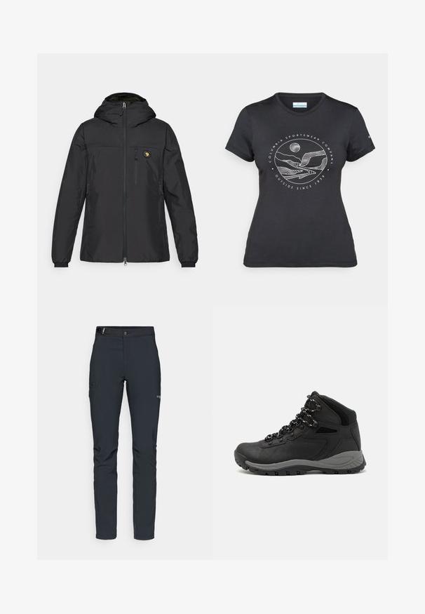 Black lightweight jacket with a hood, zippered front, side pockets, elastic cuffs, and a logo patch on the chest, made from smooth material.; Black Columbia t-shirt with white circular mountain and river line art and text "Columbia Sportswear Company Outside Since 1938."; Men's outdoor pants, dark gray, made from flexible material, featuring a belt, zippered pockets, and reinforced stitching.; Black hiking boot with a mid-top design, featuring a textured upper, gray accents, and durable rubber sole with traction lugs.