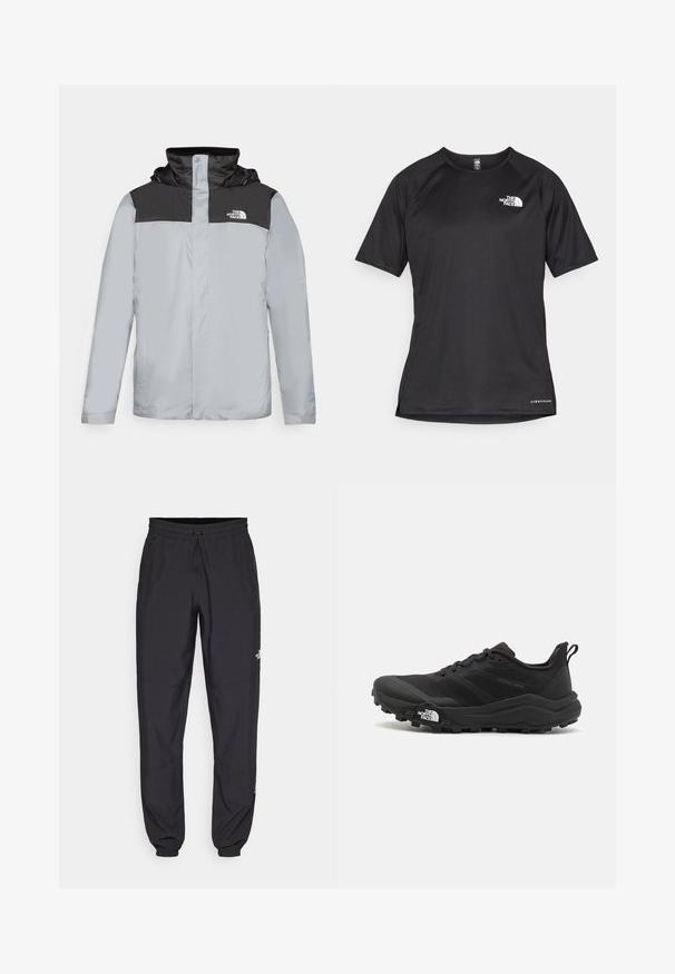 Svetlošedá bunda s čiernym horným panelom. Obsahuje kapucňu, patentný uzáver a logo na hrudi. Hladká, vodeodolná tkanina.; Čierne športové tričko s krátkym rukávom z texturovanej látky, s bielym logom na ľavej hrudi a rovným lemom.; Čierne športové nohavice vyrobené z ľahkej tkaniny, s elastickým pásom na šnurovanie, bočnými vreckami a zúženými manžetami na členkoch.; Čierne trailové behacie topánky s štruktúrovaným zvrškom, gumovou podrážkou a vystuženou špičkou. Obsahuje polstrovaný golier a úchyt na jednoduché obúvanie.