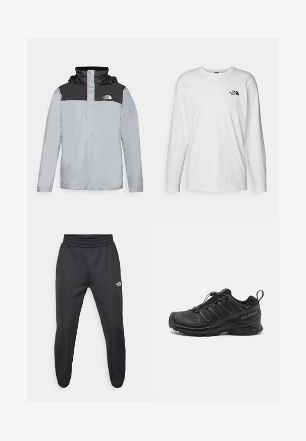 Jasnoszara kurtka z czarną górną częścią. Posiada kaptur, zapięcie na napy oraz logo na klatce piersiowej. Gładki, wodoodporny materiał.; Biała koszulka z długim rękawem wykonana z bawełny, z okrągłym dekoltem. Posiada małe czarne logo na piersi. Gładka faktura, regularny krój.; Czarne dresy z elastycznym paskiem w talii, zwężanym krojem, elastycznymi mankietami i małym białym logo na lewej udzie, wykonane z gładkiego materiału.; Czarny but sportowy z teksturowanym syntetycznym wierzchem, amortyzowaną podeszwą i systemem szybkiego sznurowania. Posiada wzmocniony nos i piętę.