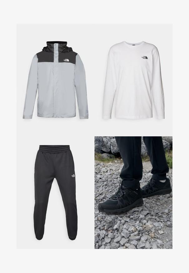 Jasnoszara kurtka z czarną górną częścią. Posiada kaptur, zapięcie na napy oraz logo na klatce piersiowej. Gładki, wodoodporny materiał.; Biała koszulka z długim rękawem wykonana z bawełny, z okrągłym dekoltem. Posiada małe czarne logo na piersi. Gładka faktura, regularny krój.; Czarne dresy z elastycznym paskiem w talii, zwężanym krojem, elastycznymi mankietami i małym białym logo na lewej udzie, wykonane z gładkiego materiału.; Czarne buty outdoorowe wykonane z siateczki i materiału syntetycznego, z fakturowaną cholewką, zabezpieczonym systemem sznurowania i solidną podeszwą, na skalistym terenie.
