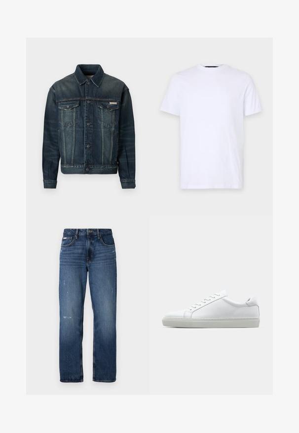 Džínová bunda tmavě modré barvy s lehkým vyblednutím. Obsahuje dvě kapsy na prsou, zapínání na knoflíky a klasický límeček. Texturovaná tkanina.; Bílá bavlněná tričko s krátkým rukávem a kulatým výstřihem, na levé straně hrudi má jemně vyražené logo, hladká textura.; Modré džíny z denimu se střihem rovného nohavice. Mají vybledlé oblasti a drobné opotřebení na přední straně, s klasickým zapínáním na knoflík.; Bílé tenisky s hladkým koženým svrškem a nízkým profilem. Mají zaoblenou špičku, šest nýtů a texturovanou gumovou podrážku.