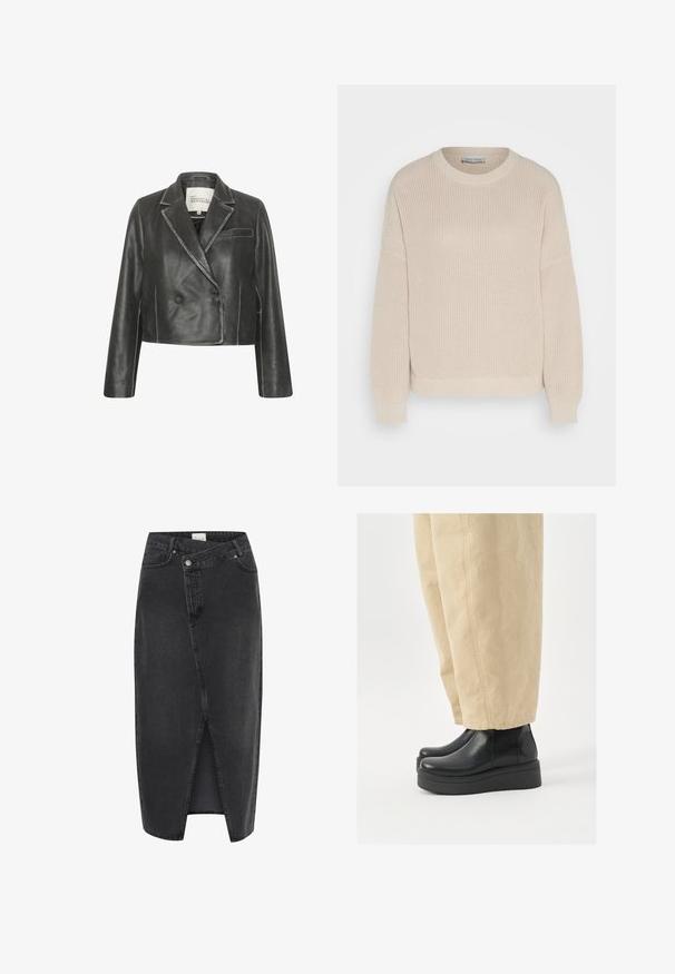 Melnas ādas īsa jakas ar izgriezumu ar atlocītu apkakli, dubultā pogu slēgšana priekšā un viena krūšu kabata. Iekļautas baltas šuvju akcenti.; Anna Field Džemperis - grey; Melna džinsu midi svārki ar priekšējo izgriezumu, strukturētu piegriezumu un klasisko piecu kabatu dizainu. Aprīkoti ar pogu un rāvējslēdzēja aizdari.; Melni ādas potīšu zābaki ar noapaļotu purngalu un platformas zoli. Saskaņoti ar bežām platām biksēm, kurām ir redzamas šuvju detaļas.