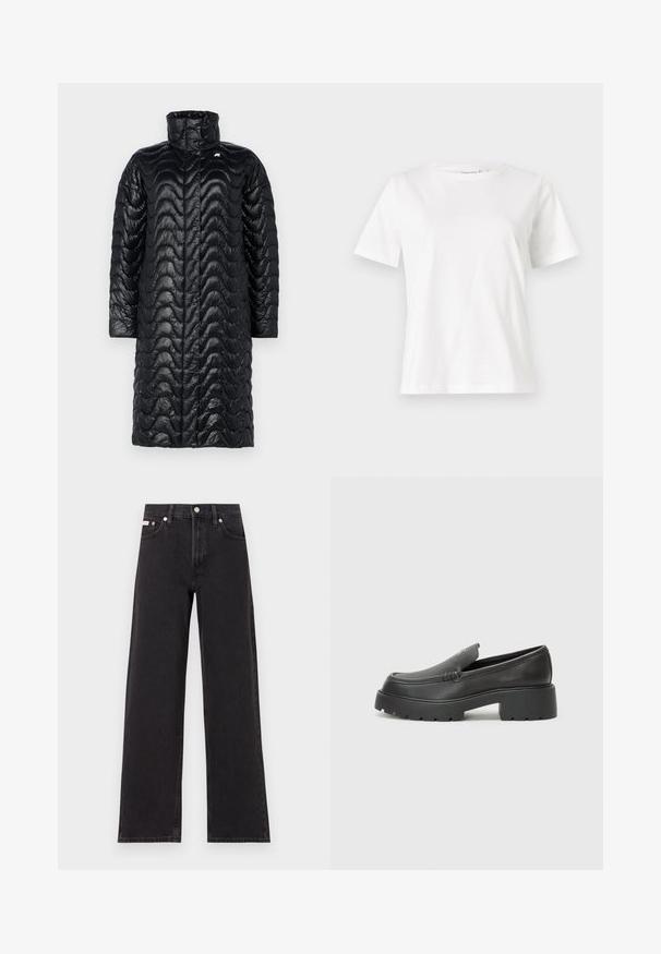Sort pufferjakke med høj krave, der har et bølgemønster, blank overflade og lange ærmer. Designet til varme og dækning.; Hvid bomulds t-shirt med korte ærmer, rund halsudskæring og en afslappet pasform. Glat tekstur, ingen mønstre eller accenter, minimalistisk design.; Sorte vidde jeans lavet af denim, med høj talje, fem-lomme stil og en metalknap lukning med kontrasterende syninger.; Sorte læder loafers med rund tå, tyk tekstureret sål og minimale syninger. Elegant design uden synlige snørebånd eller hardware.
