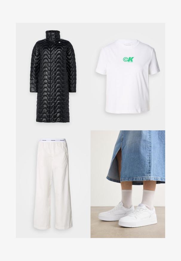Črn puhas z visokim ovratnikom, ki ima valovit vzorec, sijočo teksturo in dolge rokave. Zasnovan za toploto in pokritost.; Bela bombažna majica s kratkimi rokavi in okroglo ovratnikom, na sprednji strani z zelenim logotipom Calvin Klein. Klasična, ravno krojena zasnova.; Bele široke hlače bele barve z elastiko v pasu, ki imajo kontrastni logotip Calvin Klein. Narejene so iz gladkega materiala in nudijo sproščen kroj.; Bele superge iz teksturirane usnjene tkanine, s platformo, okroglo konico in sistemom vezalk; v kombinaciji s svetlo sivojumičnimi nogavicami in kavbojskimi krilom.