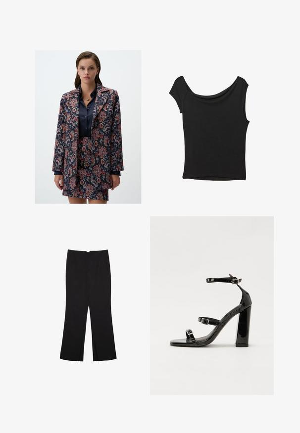 Bloemmotief blazer in donkerblauw, rood en grijs, met een klassieke notch-kraag en lange mouwen, gecombineerd met een bijpassende rok.; Zwart korte mouwen top gemaakt van een gladde stof; met een gedrapeerde halslijn en een asymmetrische zoom, met een getailleerd lijfje.; Zwarte broek met een rechte pasvorm, voorzien van zijzakken en plooien aan de onderzijde. Gemaakt van zachte, gladde stof. Geschikt voor verschillende gelegenheden.; Zwarte gepatenteerde sandalen met hak en een vierkante neus, enkelbandjes en zilveren gespen. Heeft een stevige blokhak voor stabiliteit.