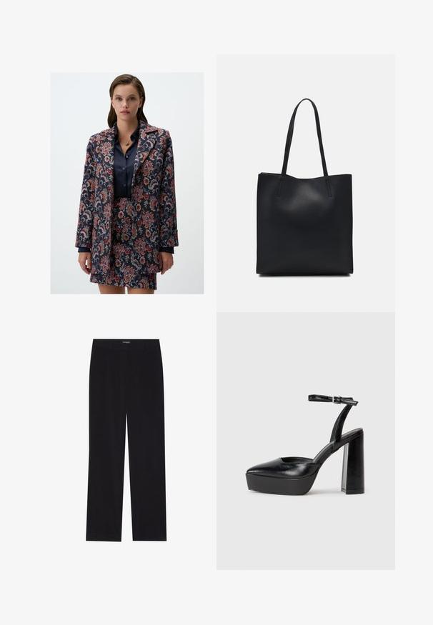 Bloemmotief blazer in donkerblauw, rood en grijs, met een klassieke notch-kraag en lange mouwen, gecombineerd met een bijpassende rok.; Zwarte katoenen t-shirt met korte mouwen, voorzien van een kleine roze vlinder graphic op de linkerkant van de borst. Crew neck ontwerp met een relaxte fit.; Zwarte corduroy broek met een rechte snit, voorzien van een vlakke tailleband en zonder zichtbare zakken, een gladde textuur en verticale ribbelstructuur.; Zwarte plateauhakken met een puntige neus en verstelbare enkelband. Gemaakt van soepel leer, met een robuuste blokhak.; Zwarte leren handtas met een gladde textuur, rechthoekige vorm en twee lange handvaten. Geen zichtbare hardware of versieringen.