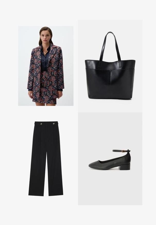Marynarka w kwiatowy wzór w ciemnoniebieskim, czerwonym i szarym kolorze, z klasycznym kołnierzem i długimi rękawami, w zestawieniu z dopasowaną spódnicą.; Czarna koszulka z prążkowaną fakturą, okrągłym dekoltem ozdobionym białą falbaną oraz krótkimi rękawami z dopasowanymi akcentami w formie falbanek.; Czarne szerokie spodnie z wysokim stanem, z detalami w postaci guzików na pasku oraz plisami z przodu.; Czarne skórzane szpilki z ostrym noskiem i niskim słupkowym obcasem. Wyposażone w pasek na kostkę z złotym zapięciem. Gładka tekstura.; Czarna skórzana torba na ramię z dwoma długimi uchwytami, gładką teksturą i sztywną formą. Posiada przednią kieszeń dla dodatkowego przechowywania.
