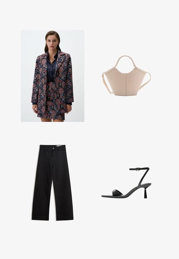 Marynarka w kwiatowy wzór w ciemnoniebieskim, czerwonym i szarym kolorze, z klasycznym kołnierzem i długimi rękawami, w zestawieniu z dopasowaną spódnicą.; Biała koszulka z krótkim rękawem o luźnym kroju i marszczonym wykończeniu w talii. Wykonana z miękkiego, lekkiego materiału.; Czarne dżinsowe spodnie o szerokich nogawkach i wysokim stanie, z przednimi i tylnymi kieszeniami, przeszyciami oraz zapięciem na guziki. Gładka struktura.; Bershka - Sandały na obcasie; Beżowa skórzana torebka o unikalnym kształcie, z dwoma krótkimi uchwytami i długim, regulowanym paskiem. Gładka tekstura z minimalną ilością elementów metalowych.