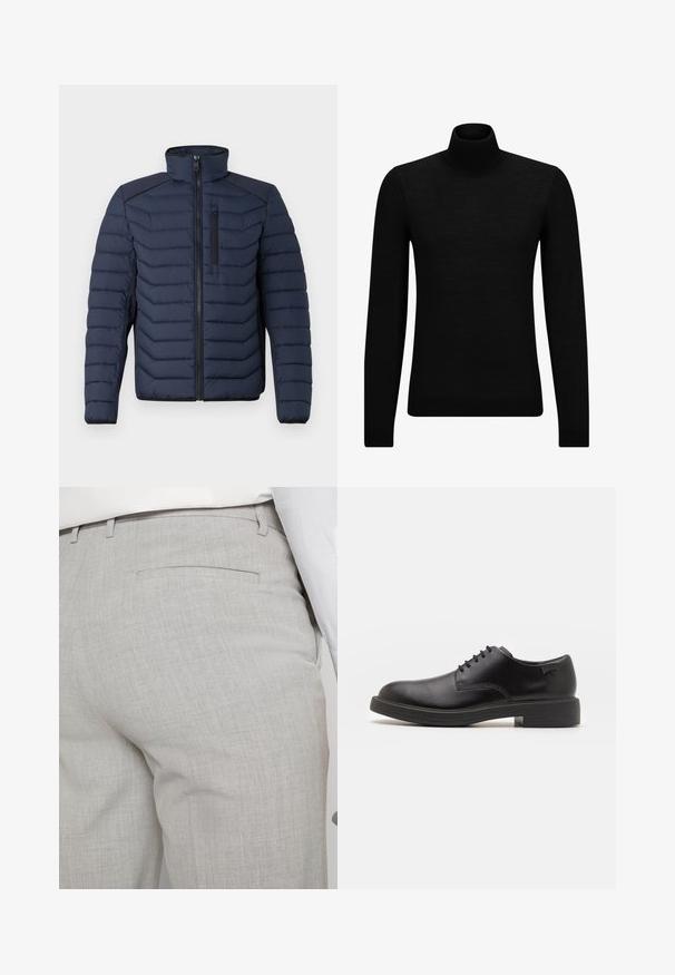 Tengerészeket idéző pufferek vízszintes varrásokkal, magas gallérral, cipzáras elülső résszel és mellzsebbel; kontrasztos anyag a vállakon.; Fekete garbó pulóver puha anyagból, hosszú ujjakkal és szoros fazonnal. Ribbed díszítés az alján és az ujjak végén. Egyszerű dizájn.; Világosszürke, texturált anyagból készült szabott nadrág, egyetlen hátsó zsebbel és tiszta varrással.; Fekete bőrcipő, kerek orrú, sima felületű, minimális varrással és alacsony gumitalppal. Logó a sarokrészen.