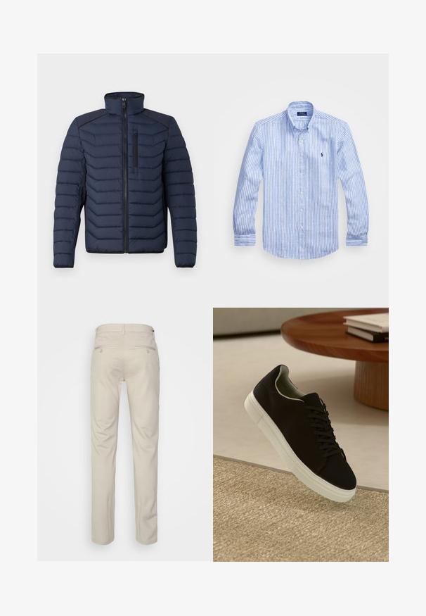 Mornarska puf jakna z navpičnim šivom, visokim ovratnikom, zadrgo spredaj in žepom na prsih; ima kontrastno blago na ramenih.; Modra in bela prugasta srajca z dolgimi rokavi iz bombaža, s kragnico na gumb, sprednjimi gumbi in majhnim izvezenim logotipom na prsih.; Bež hlače z gladko teksturo, ravnega kroja, dvema zadnjima žepoma z gumbi in standardnim pasom.; Črni športni copat z belim podplatom lebdi nad bež teksturiranim preprogam blizu okroglega lesenega mize z zloženimi knjigami.