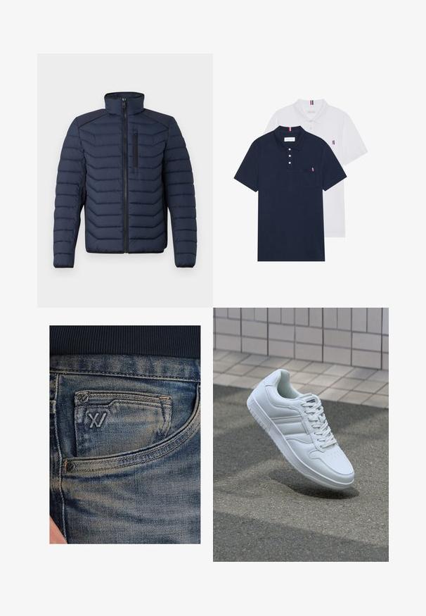 Mornarska puf jakna s okomitim šavovima, visokim ovratnikom, zatvaračem sprijeda i džepom na prsima; sadrži kontrastnu tkaninu na ramenima.; Dva polo majice: jedna tamnoplava i jedna bijela, obje s malim crveno-bijelim-plavim naglaskom na džepu i ovratniku.; Plave traperice s izblijedjelom teksturom, s džepom za kovanice i crnim logotipom sprijeda. Pojas je od tamno plave rebraste tkanine.; Bijela atletska tenisica s glatkim kožnim gornjim dijelom, vezanjem sprijeda, perforiranim vrhom i uzorkovanim đonom. Minimalistički dizajn s tri bočne pruge.