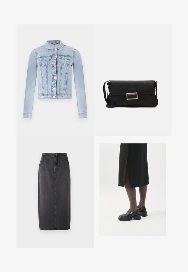 Svijetloplava traper jakna s prilagođenim dizajnom, dugim rukavima, dva džepa na prsima i srebrnim dugmadi na prednjoj strani.; ONLY ONLSARA GLITTER - Jopica - pumice stone/black/gold glitter; Bela brezrokavna majica iz rebraste tkanine, z zaobljenim izrezom in prilegajočim silhueto, z minimalnimi šivi in brez okraskov.; Črna daljša denim krila s ravnim krojem, sprednjim gumbom za zapiranje in stranskima žepoma. Ima gladko teksturo in subtilno zbledelost.; Črne usnjene čevlje s zaobljenim prstom, debelim blokastim petama in elastičnimi stranskimi detajli, v kombinaciji s temno nogavicami in črno krilo z razporkom.; Črna usnjena torbica na preklop z zlato kovinsko zaponko. Vključuje črn trak in eleganten, minimalističen dizajn.