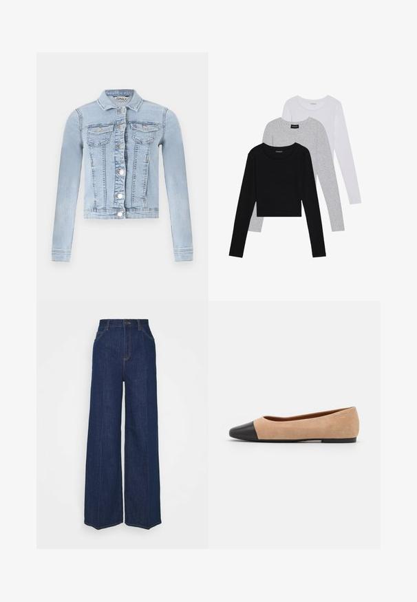 Hele sinine teksajakk, millel on kitsetud disain, pikad varrukad, kaks rinnataskut ja hõbedased nupud esiküljel.; Kolm pikkade varrukatega toppi, mis on üksteise peale asetatud: must, hall ja valge. Igal ühel on ümar kaelus ja lühike disain, valmistatud siledast, kergekaalulisest kangast.; Kõrge vöökohaga laiad tumesinised teksapüksid, millel on ees- ja tagataskud, nööpide sulgemine ning nähtavad õmblusdetailid.; Beežist nubukist balletkingad musta nahast ümara ninaotsaga, madala kanna ja siledaga, millel on minimaalne õmblus ja lihtne disain.