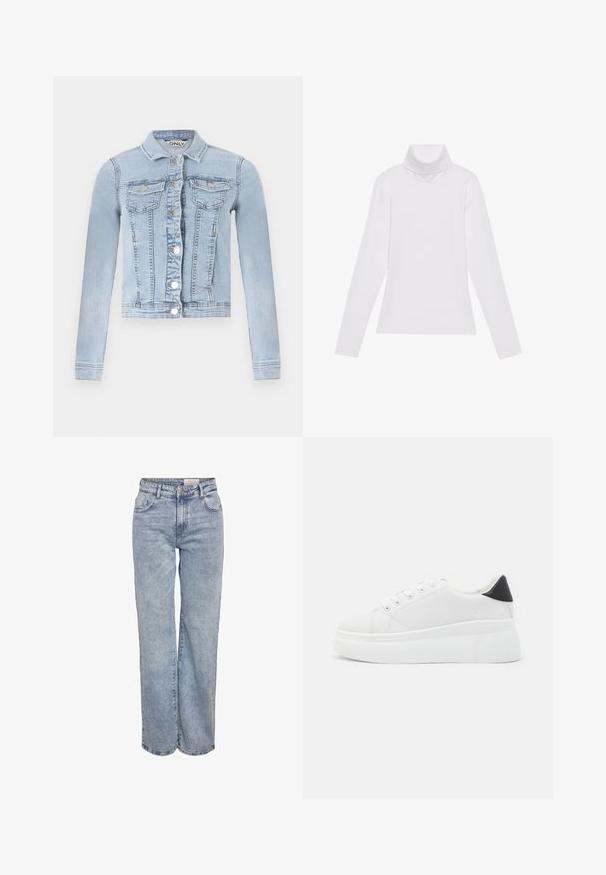 Jasnoniebieska kurtka dżinsowa o dopasowanym fasonie, z długimi rękawami, dwoma kieszeniami na piersi oraz srebrnymi zapięciami na guziki z przodu.; Biała bluzka z długim rękawem i golfem, wykonana z gładkiego, elastycznego materiału. Posiada wysoki kołnierz i dopasowany krój, bez widocznych wzorów czy zdobień.; Jasnoniebieskie dżinsy z szerokimi nogawkami, wykonane z denimu, z wysokim stanem, pięciowgzianą konstrukcją i subtelnym wyblaknięciem, dającym wrażenie noszonych.; Białe sneakersy na platformie wykonane z gładkiego materiału syntetycznego, z zaokrąglonym noskiem, sznurowanym zapięciem i teksturowaną gumową podeszwą. Czarne akcenty na pięcie.