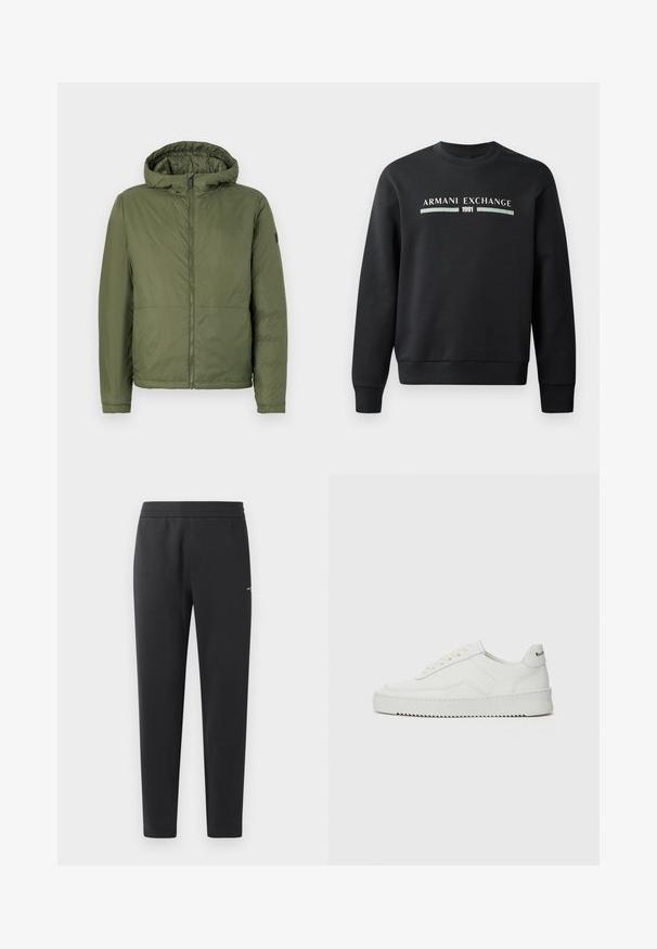 Giacca con cappuccio verde oliva, con zip anteriore, realizzata in materiale liscio, dotata di maniche lunghe e vestibilità rilassata.; Felpa nera realizzata in tessuto morbido. Caratterizzata da un collo rotondo e maniche lunghe. Sul davanti sono stampate le diciture "ARMANI EXCHANGE" e "1991" in colori a contrasto.; Pantaloni jogger neri realizzati in tessuto morbido, con vita elasticizzata, gambe dritte e un piccolo logo sulla parte laterale.; Sneaker in pelle bianca con una finitura liscia, punta rotonda, lacci piatti e suola testurizzata. Presenta un logo discreto sul tallone.