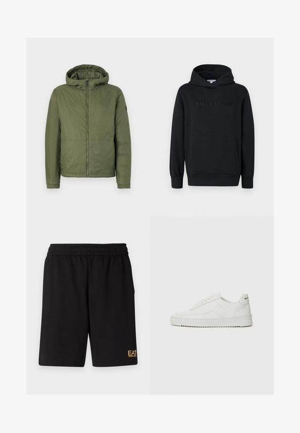 Olijfgroene hoodie met een ritssluiting aan de voorkant, gemaakt van soepel materiaal, met lange mouwen en een relaxte pasvorm.; Zwarte hoodie, zachte stof, pullover ontwerp, voorzak in kangoeroestijl, reliëf 'QUARTZ CO' logo op de borst, ribgebreide manchetten en onderkant.; Zwarte sportshorts van zacht materiaal, met een elastische tailleband en een klein geel EA7-logo op de onderste linkeronderbroek.; Witte leren sneaker met een gladde afwerking, ronde neus, platte veters en een gestructureerde zool. Kenmerkt zich door een subtiel logo op de hiel.