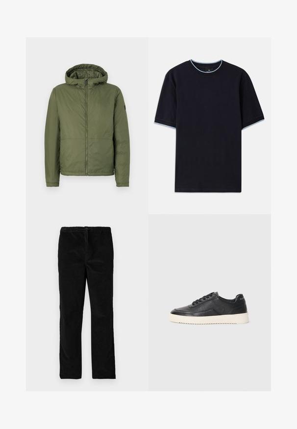 Olivu zaļš kapucēts jaka ar priekšējo rāvējslēdzēju, izgatavota no gluda materiāla, ar garām piedurknēm un brīvu piegriezumu.; Tumši zils īsām piedurknēm T-krekls ar apaļu kakla izgriezumu, kura apkaklēs un piedurknēs ir gaismas zilas akcenti. Izgatavots no mīksta kokvilnas auduma.; Melnas taisnas kājas samta bikses ar elastīgu jostasvietu un priekšējo auklu, attēlotas uz vienkārša balta fona.; Melnas ādas sporta kurpes ar struktūru, apaļu purngalu un plakanu baltu gumijas zoli. Iezīmētas ar melnām šņorēm un zīmola logo uz papēža.