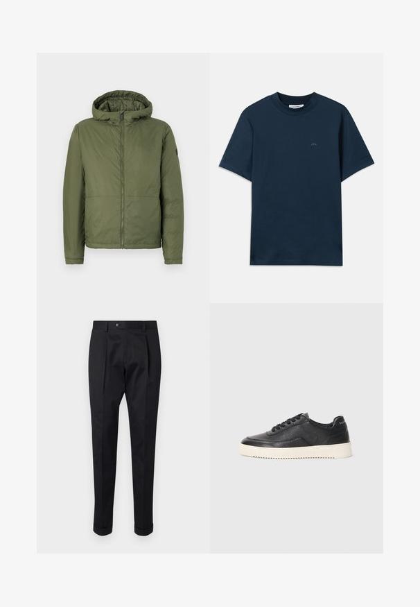 Olive green hooded jacket with a front zipper, made of smooth material, featuring long sleeves and a relaxed fit.; Navy blue cotton t-shirt with a crew neck, short sleeves, and a subtle logo printed on the chest. Smooth texture and classic fit.; Black trousers made of a smooth fabric, featuring a fold at the front, a button closure, and rolled cuffs at the ankle.; Black leather sneaker with textured finish, round toe, and flat white rubber sole. Features black laces and branding on the heel.