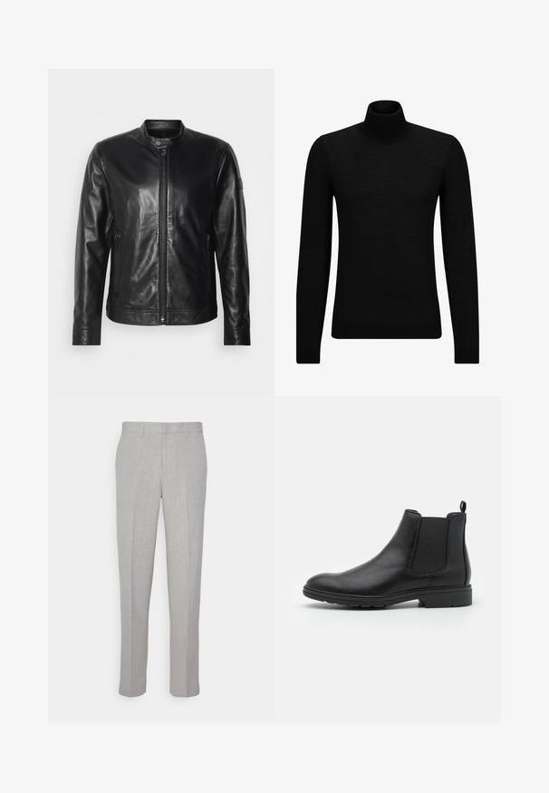 Strellson JACE - Nahkjakk - black; Musthave muströid ja pehmest materjalist must turtleneck, millel on pikad varrukad ja tihe istuvus. Ribaga ääris allservas ja vöökohal. Lihtne disain.; Heledad hallid püksid sileda tekstuuriga, lame esiots ja sirged sääred. Valmistatud hingavast kangast, millel on sisepocketid ja vöölõngad.; Mustat nahast Chelsea saapad elastsete külgpaneelide ja tõmbeotsaga, ümarate varvaste ja tekstuurse kummitaldiga.