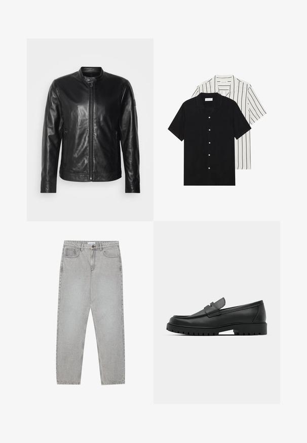 Strellson JACE - Skinnjacka - black; Två kortärmade skjortor: en helt svart och en vit med svarta vertikala ränder. Båda har knäppningar och en klassisk krage.; Ljusgrå denimbyxor med rak benform, femficksdesign och knappstängning. Synliga sömmar längs sömmarna.; Svarta lädersneakers med rund tå, med en sydd design, låg plattformssula och en texturerad, mönstrad gummisula.