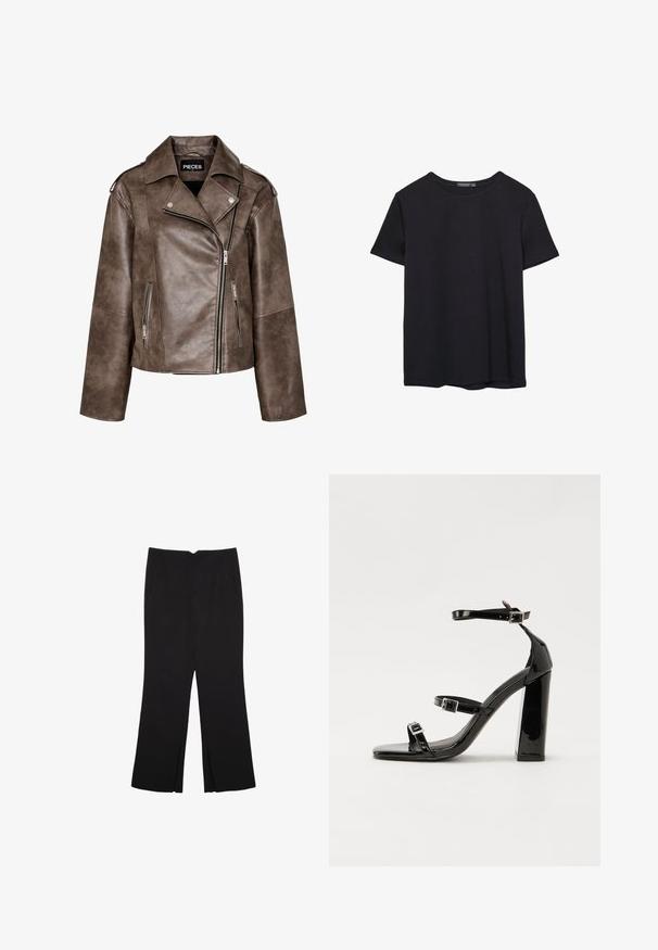 Giubbotto da moto in finta pelle marrone con zip asimmetrica, due tasche laterali, colletto ampio ed epaulette sulle spalle.; T-shirt nera in cotone a maniche corte con collo a giro, esposta su uno sfondo bianco.; Pantaloni neri a gamba dritta, con tasche frontali e spacchi laterali all'orlo. Realizzati in tessuto morbido e liscio. Adatti a diverse occasioni.; Sandali con tacco in vernice nera, con punta squadrata, cinturini alla caviglia e fibbie in argento. Presentano un tacco a blocco spesso per maggiore stabilità.