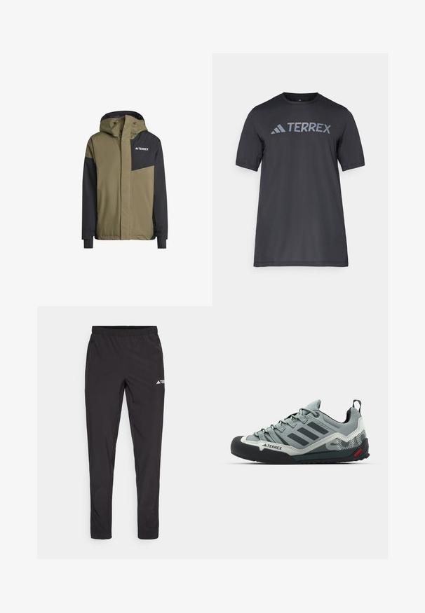 adidas Terrex MT 2L INSUL - Skijakke - olive/strata black; Sort kortærmet t-shirt lavet af let stof, med et lys gråt "TERREX" logo på tværs af brystet og rund halsudskæring.; Sorte træningsbukser med elastisk talje, to lynlåslommer på siden og et logo på den øverste højre lår. Glat, letvægtsmateriale.; Grå klatresko med en tekstureret overdel, sort gummitåkappe, tre mørke striber og et lille rødt accent på sålen.