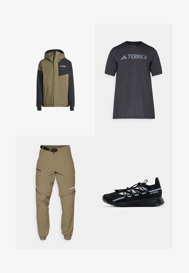 adidas Terrex MT 2L INSUL - Giacca da sci - olive/strata black; T-shirt nero a maniche corte realizzato in tessuto leggero, con il logo "TERREX" grigio chiaro sul petto e colletto tondo.; Pantaloni beige da esterno con cintura, tasche laterali con zip e polsini elastici. Presentano un design staccabile con zip per versatilità e una texture liscia.; Scarpa da ginnastica nera con tomaia in rete, dettagli riflettenti, lacci elastici e suola in gomma testurizzata. Presenta un design elegante per le prestazioni.