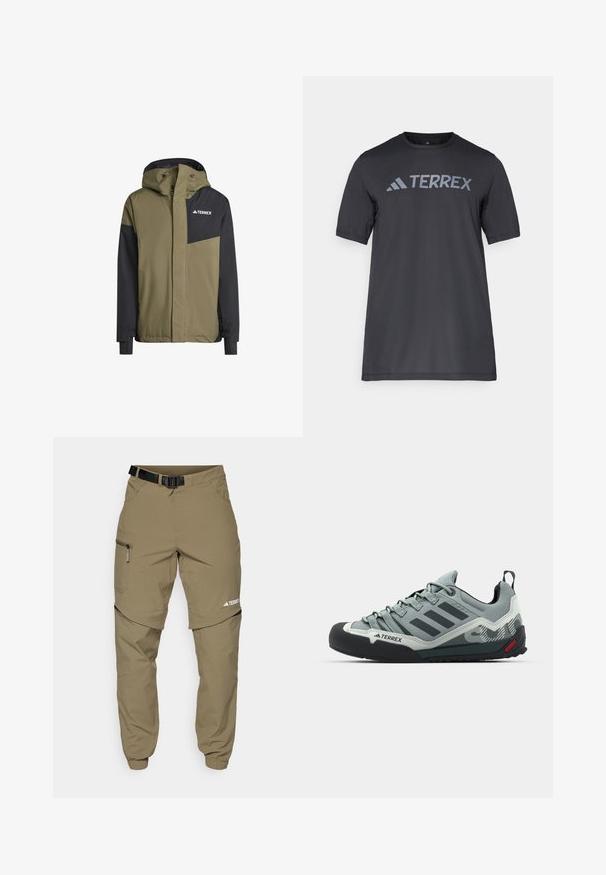 adidas Terrex MT 2L INSUL - Skijacke - olive/strata black; Schwarzes T-Shirt mit kurzen Ärmeln aus leichtem Stoff, mit einem hellgrauen "TERREX"-Logo auf der Brust und einem Rundhalsausschnitt.; Beige Outdoorhose mit Gürtel, seitlichen Reißverschlusstaschen und elastischen Bündchen. Verfügt über ein abnehmbares Design für Vielseitigkeit und eine glatte Textur.; Graue Kletterschuhe mit einer strukturierten Oberseite, schwarzer Gummi-Zehenkappe, drei dunklen Streifen und einem kleinen roten Akzent an der Sohle.