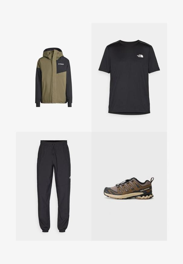 adidas Terrex MT 2L INSUL - Casaco de esqui - olive/strata black; T-shirt preto de manga curta feito de um tecido leve. Apresenta um pequeno logo branco ao lado esquerdo do peito e detalhes subtis nos ombros.; Calças atléticas pretas feitas de tecido leve, com um cós ajustável por cordão, bolsos laterais e punhos afunilados nos tornozelos.; Sapatilha desportiva castanha e preta com parte superior em malha, biqueira em borracha e sola texturizada. Possui um sistema de atilhos rápido e colarinho acolchoado.