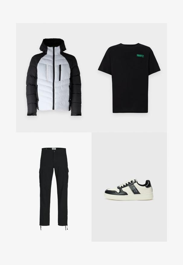 Brave Soul COLTER - Chaqueta de invierno - black/ white; Camiseta negra de algodón con mangas cortas. Presenta un logo verde "ROOTS" en el frente, escote redondo y corte estándar.; Pantalones cargo negros con corte recto, que cuentan con bolsillos laterales, cierre de botón y cordones elásticos en los tobillos. Fabricados en tejido resistente.; Zapatillas de cuero con un esquema de colores negro y crema, que cuentan con acentos perforados, un collar acolchado y una suela texturizada.