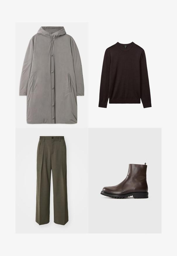Lichtgrijze capuchonjas gemaakt van glad, waterafstotend materiaal. Heeft drukknoopsluitingen, zijzakken en een ontspannen, knielange snit.; Reiss Trui - dark bordeaux; Filippa K WIDE TROUSERS - Broek - driftwood; Bruine leren enkelboot met een gladde textuur, elastische zijpanelen, een trekband aan de achterkant en een robuuste rubberen zool.