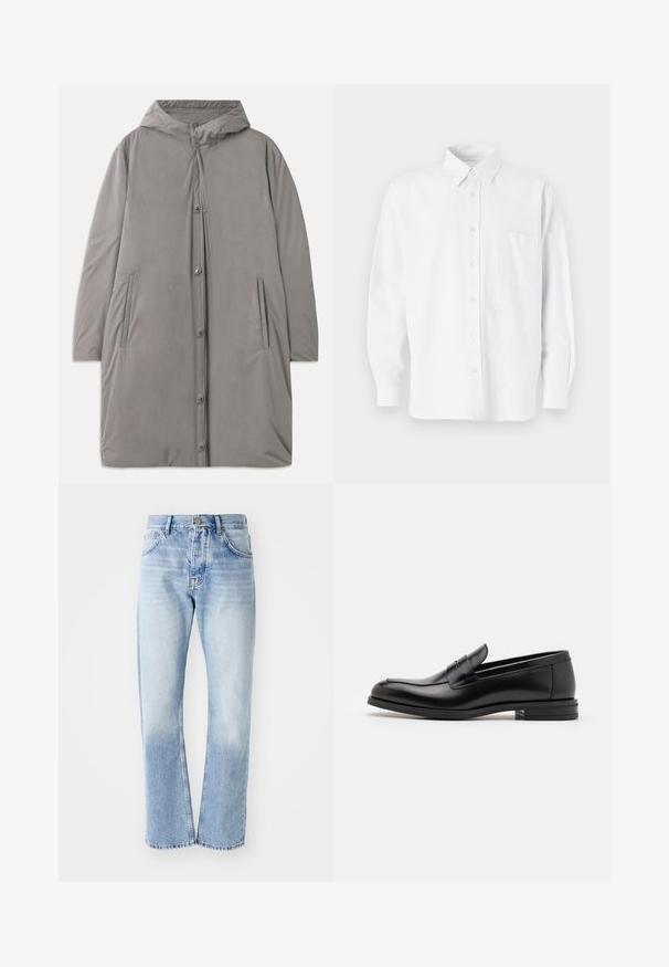 Svetle šedý kabát s kapucí vyrobený z hladkého, voděodolného materiálu. Má patentky, boční kapsy a volný, do kolen sahající střih.; Bílá košile s límečkem, s jemnými vertikálními pruhy, dlouhými rukávy, náprsní kapsou a klasickým zaobleným lemem.; Světle modré riflové džíny se střihem rovné nohavice. Mají pět kapes, knoflíkový zip a vybledlý vzhled směrem k dolní části.; Černé kožené polobotky s hladkou texturou, zaoblenou špičkou a zdobným páskem přes nárt. Nízký stohovaný podpatek, minimalistický design.