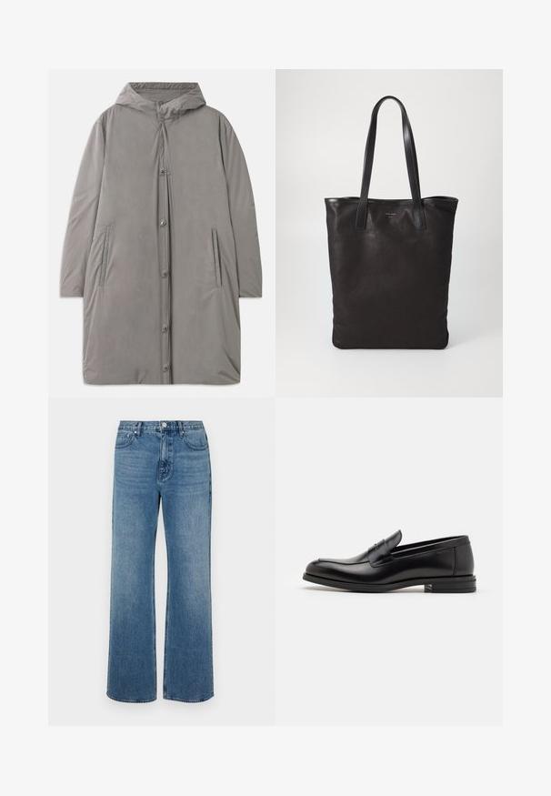 Abrigo con capucha gris claro, fabricado con una tela suave y resistente al agua. Presenta botones a presión, bolsillos laterales y una silueta holgada hasta la rodilla.; Camisa blanca de botones con cuello, con sutiles rayas verticales, mangas largas, un bolsillo en el pecho y un dobladillo redondeado clásico.; Pantalones vaqueros de pierna ancha en denim con un acabado desgastado. Presenta cinco bolsillos, un cierre de botón en la parte delantera y un corte recto.; Mocasines de cuero negro con una textura suave, puntera redondeada y una tira decorativa en el empeine. Tacón bajo apilado, diseño minimalista.; Bolsa tote de lona negra con asas de cuero negro. Diseño sencillo, cuerpo espacioso y textura suave. Sin logos ni patrones visibles.