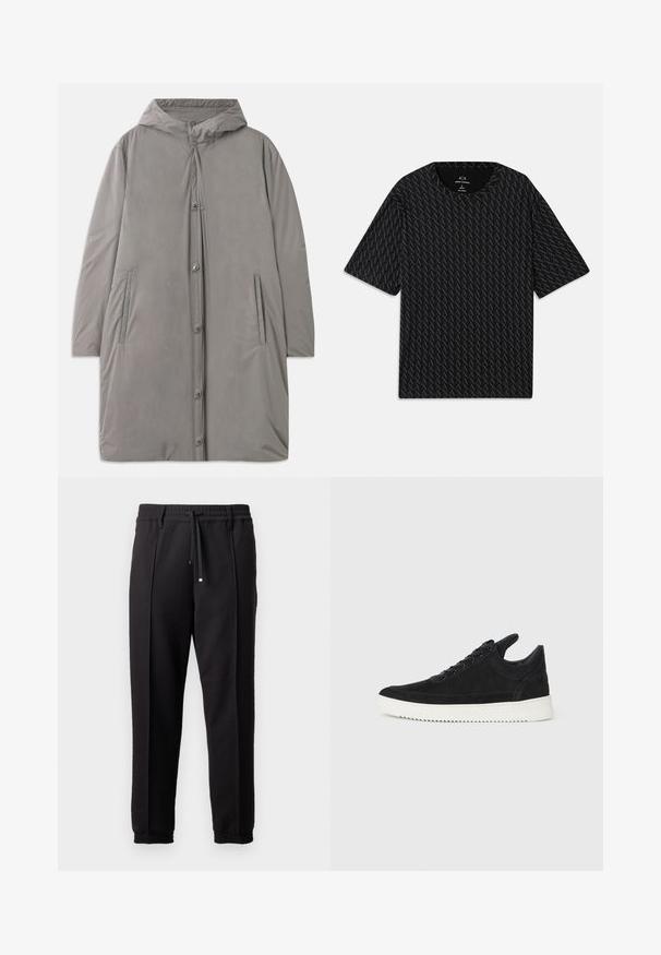 Light gray hooded coat made from smooth, water-resistant fabric. Features snap buttons, side pockets, and a relaxed, knee-length silhouette.; Black T-shirt featuring a textured pattern of alternating 'A' logos, short sleeves, and a crew neckline. Made from lightweight fabric.; Black trousers with a waistband, drawstring, and elastic cuffs. Features pleats and a smooth, textured fabric.; Black suede sneaker with a white rubber sole, featuring tonal stitching and lace-up design. Smooth texture with a modern, streamlined shape.