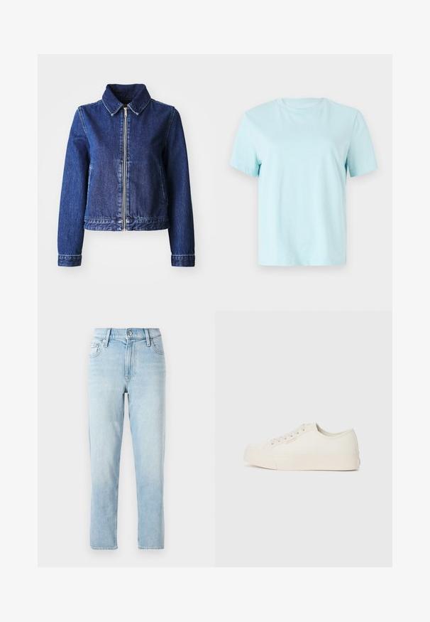 Τζάκετ τζιν σε σκούρο μπλε χρώμα, με γιακά, μπροστινό φερμουάρ και δύο πλαϊνές τσέπες. Κλασικός σχεδιασμός με ελαφρώς εφαρμοστή γραμμή.; Ανοιχτό μπλε βαμβακερό t-shirt με κοντά μανίκια, στρογγυλή λαιμόκοψη και διακριτό κεντημένο λογότυπο 'Calvin Klein' μπροστά.; Ανοιχτό μπλε τζιν παντελόνι, κατευθείαν γραμμή, μέσης μέσου ύψους, με στυλ πέντε τσεπών και κουμπί κλεισίματος μπροστά.; Αθλητικά παπούτσια από καμβά σε off-white απόχρωση, με χαμηλή σόλα, στρογγυλή μύτη και επίπεδη λάστιχη σόλα με λεπτομέρειες ραφής.